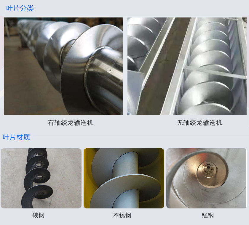 絞龍輸送機(jī)分為有軸和無軸絞龍輸送機(jī)，可根據(jù)物料不同選擇有碳鋼、不銹鋼、錳鋼等材質(zhì)。